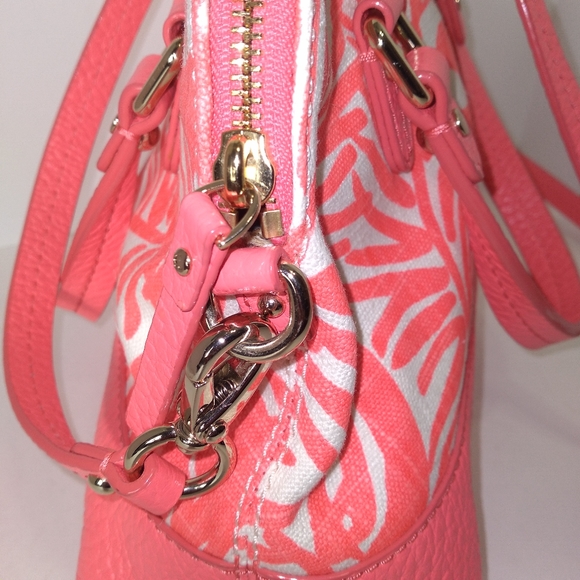 RARE Kate Spade Genuine Leather Pink & White Canvas Palm Tree Satchel Cr… - Picture 6 of 16